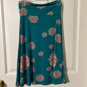 LuLaRoe Teal A-Line Skirt with Pink Floral Design